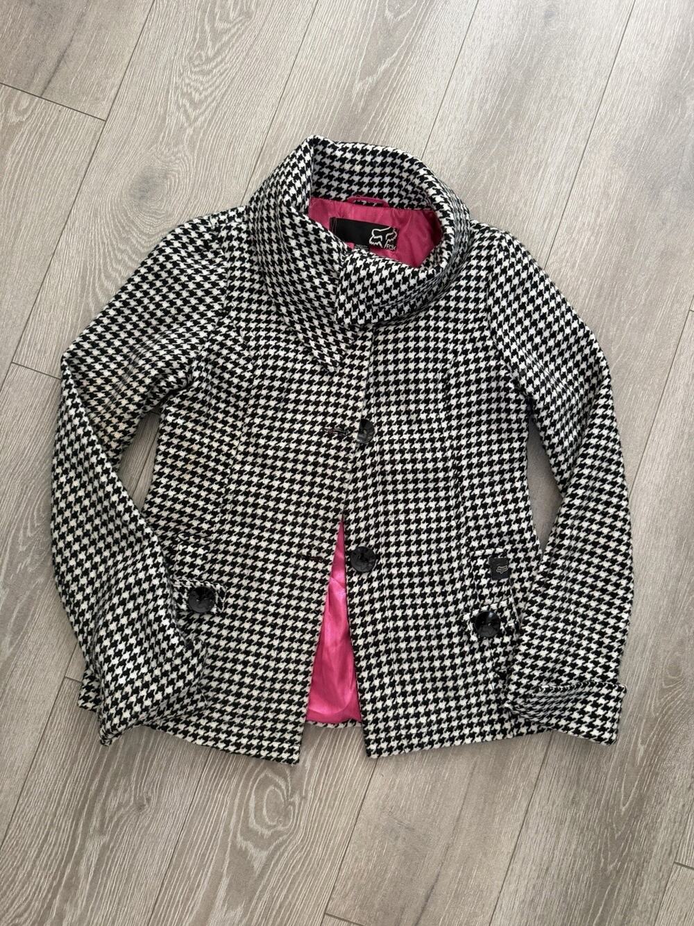 Fox Racing Women’s Houndstooth Coat Medium Black White Pink Lined Moto Y2K
